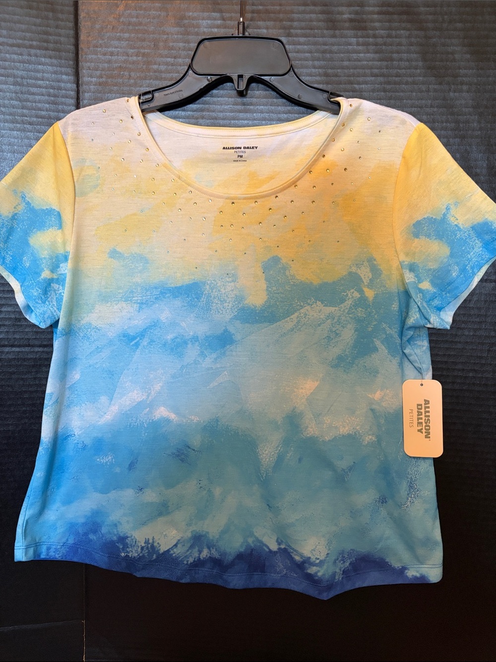 Allison Daley Blue and Yellow Ombre Short Sleeve Tee with Neck Embellishments